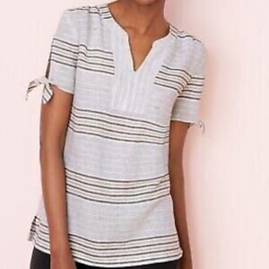 Talbots 100% Linen Reef Stripe Tie-Sleeve V-Neck Pullover Top Size Small